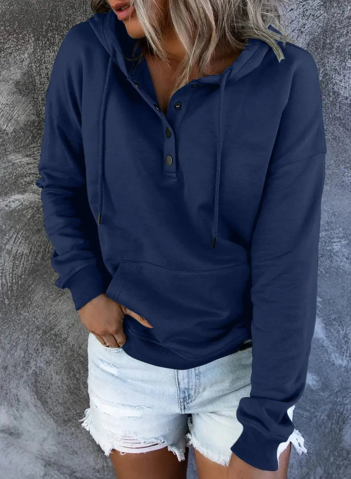 SHEWIN Women's Casual Hoodies Long Sleeve Solid Lightweight Pullover Tops Loose Sweatshirt with Pocket Button 3X-Large B Navy Blue - Vivareflex Online