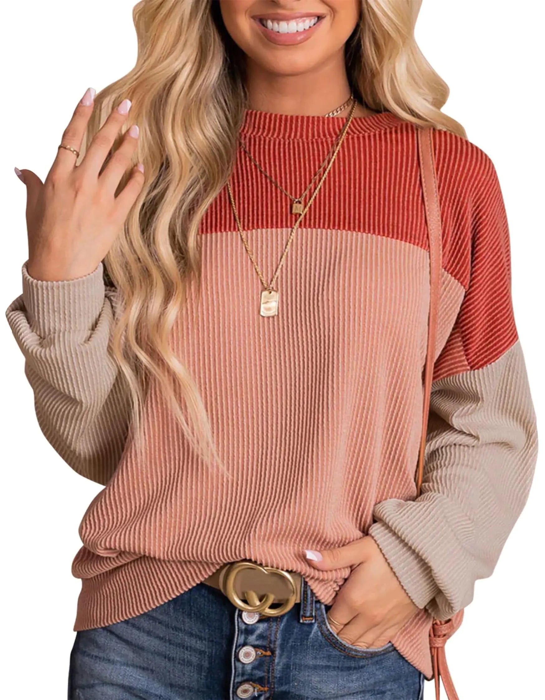 Womens Color Block Long Sleeve Crewneck Knitted Casual Loose Pullover Shirts Tops Large Red - Vivareflex Online