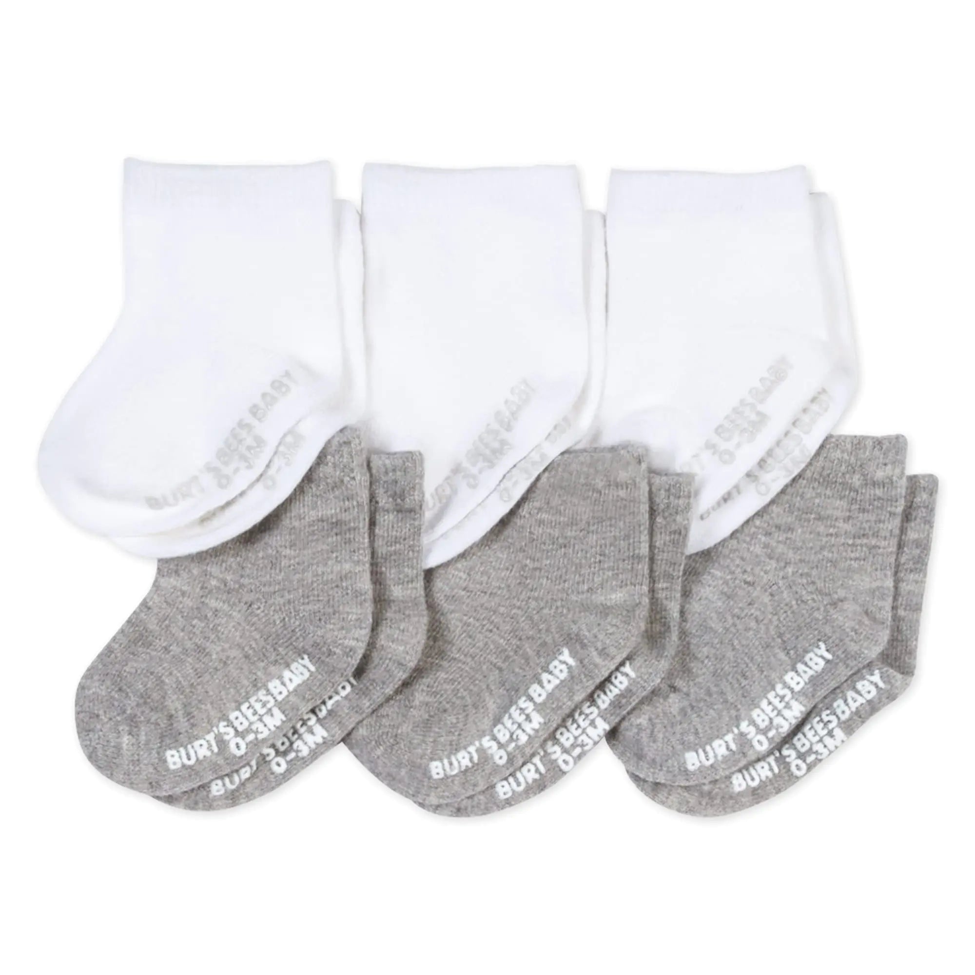 Calcetines unisex para bebé Burt's Bees, hasta el tobillo o hasta la rodilla, confeccionados con algodón orgánico suave, 6 paquetes con agarres antideslizantes para bebés de 3 a 12 meses, color gris liso y blanco 