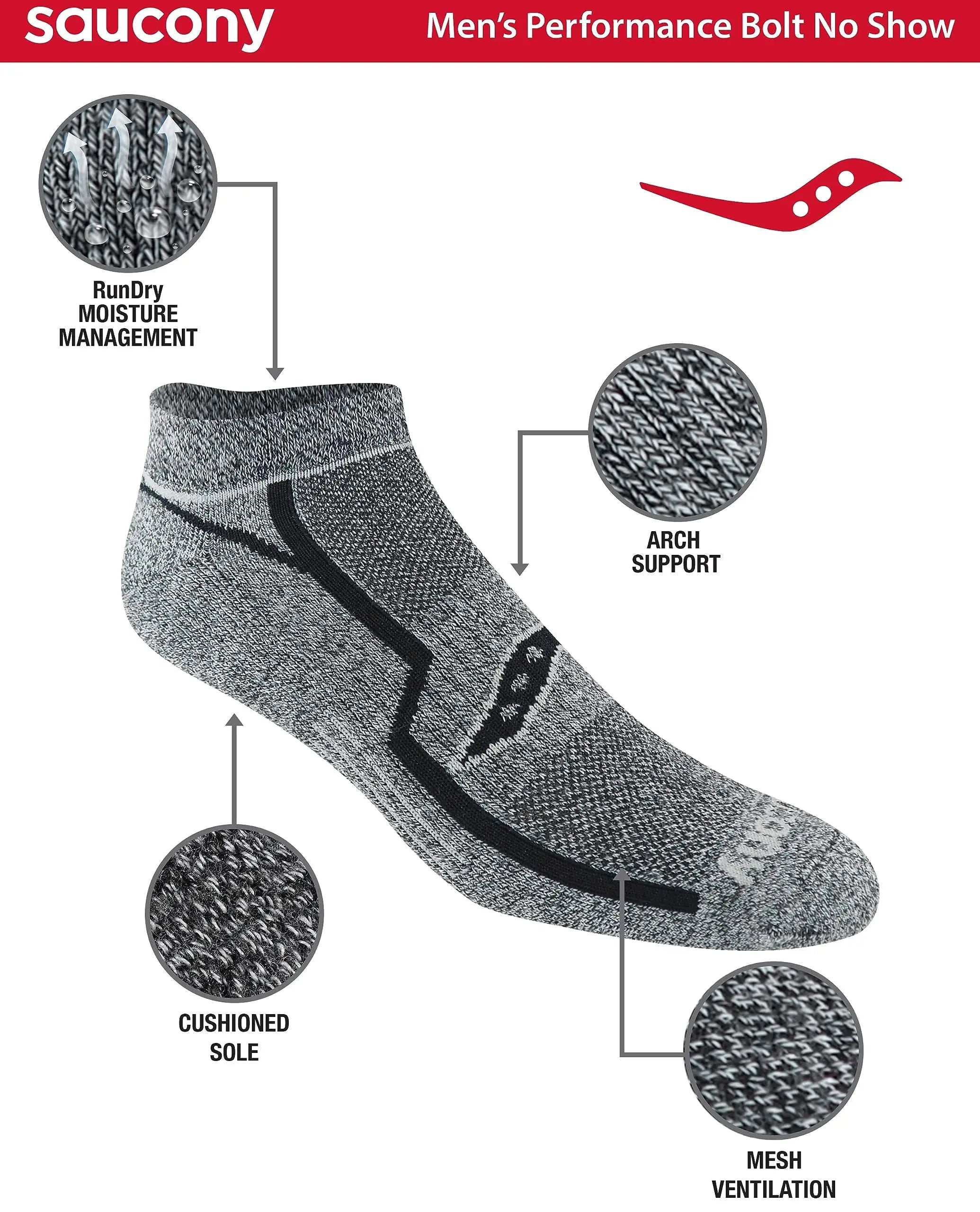 Saucony Men's RunDry Bolt Performance No-Show Socks (6 Pairs) - Grey/Black, M-XXL - Vivareflex Online