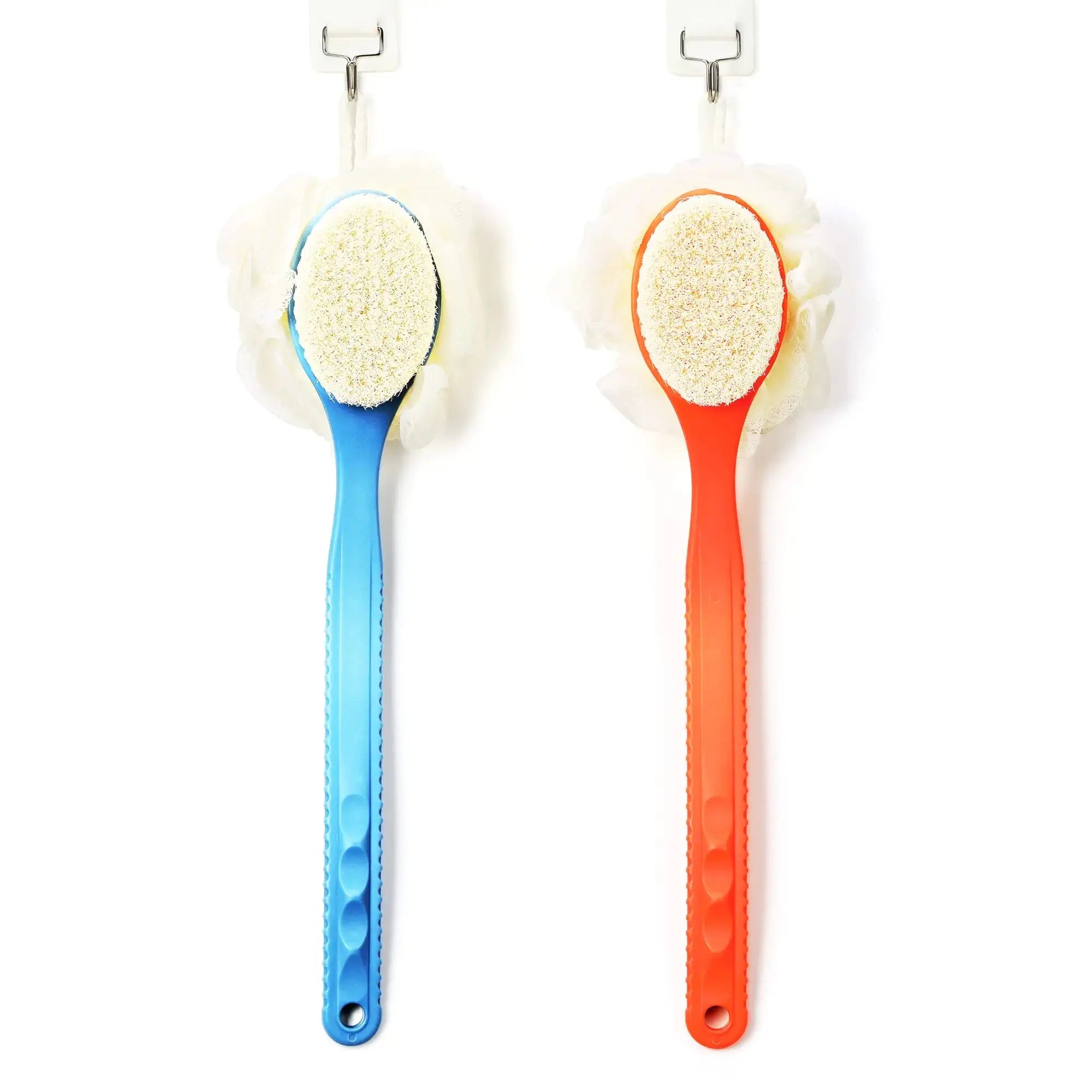 Shower Body Brush with Bristles & Loofah - Exfoliating Back Scrubber with Long Curved Handle (Blue) - Vivareflex Online
