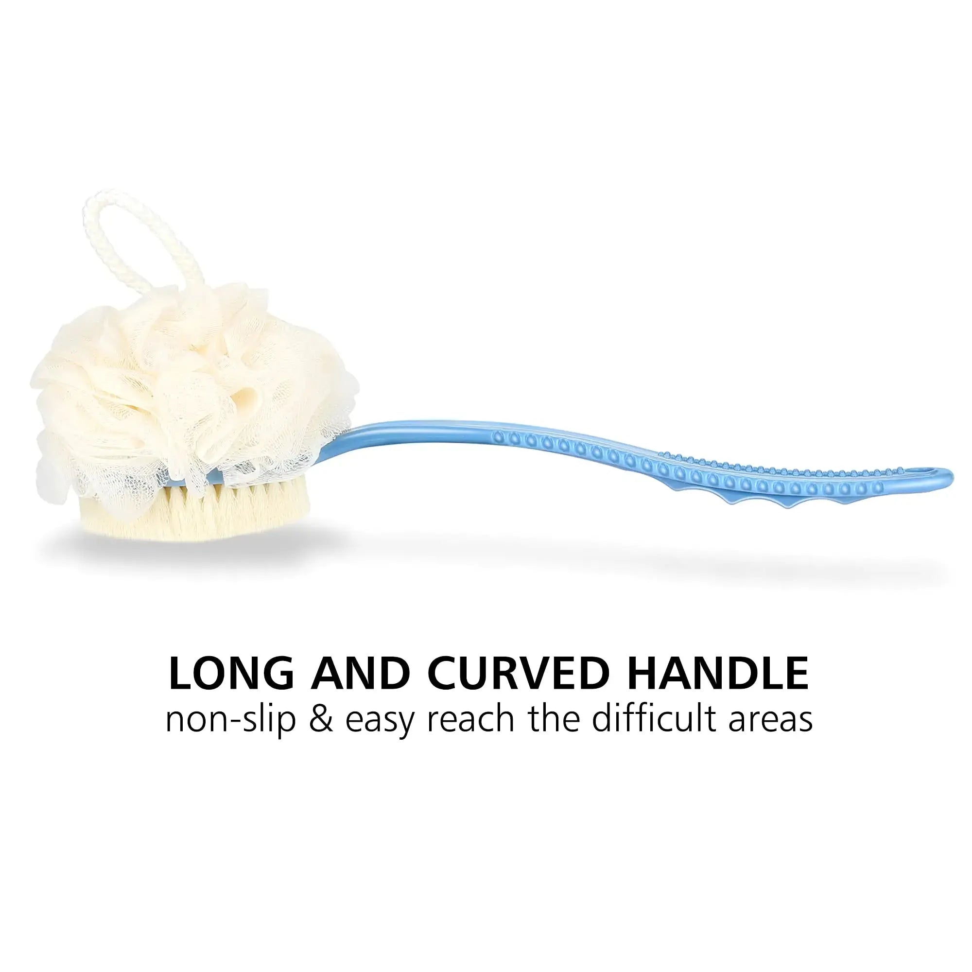 Shower Body Brush with Bristles & Loofah - Exfoliating Back Scrubber with Long Curved Handle (Blue) - Vivareflex Online