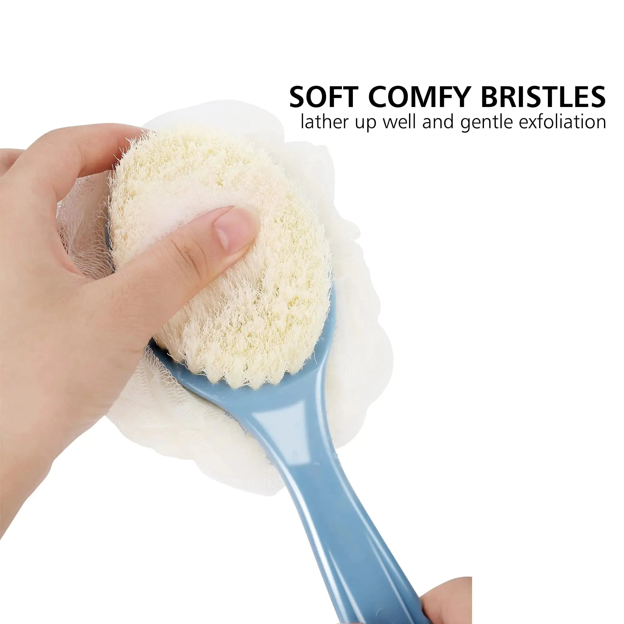 Shower Body Brush with Bristles & Loofah - Exfoliating Back Scrubber with Long Curved Handle (Blue) - Vivareflex Online