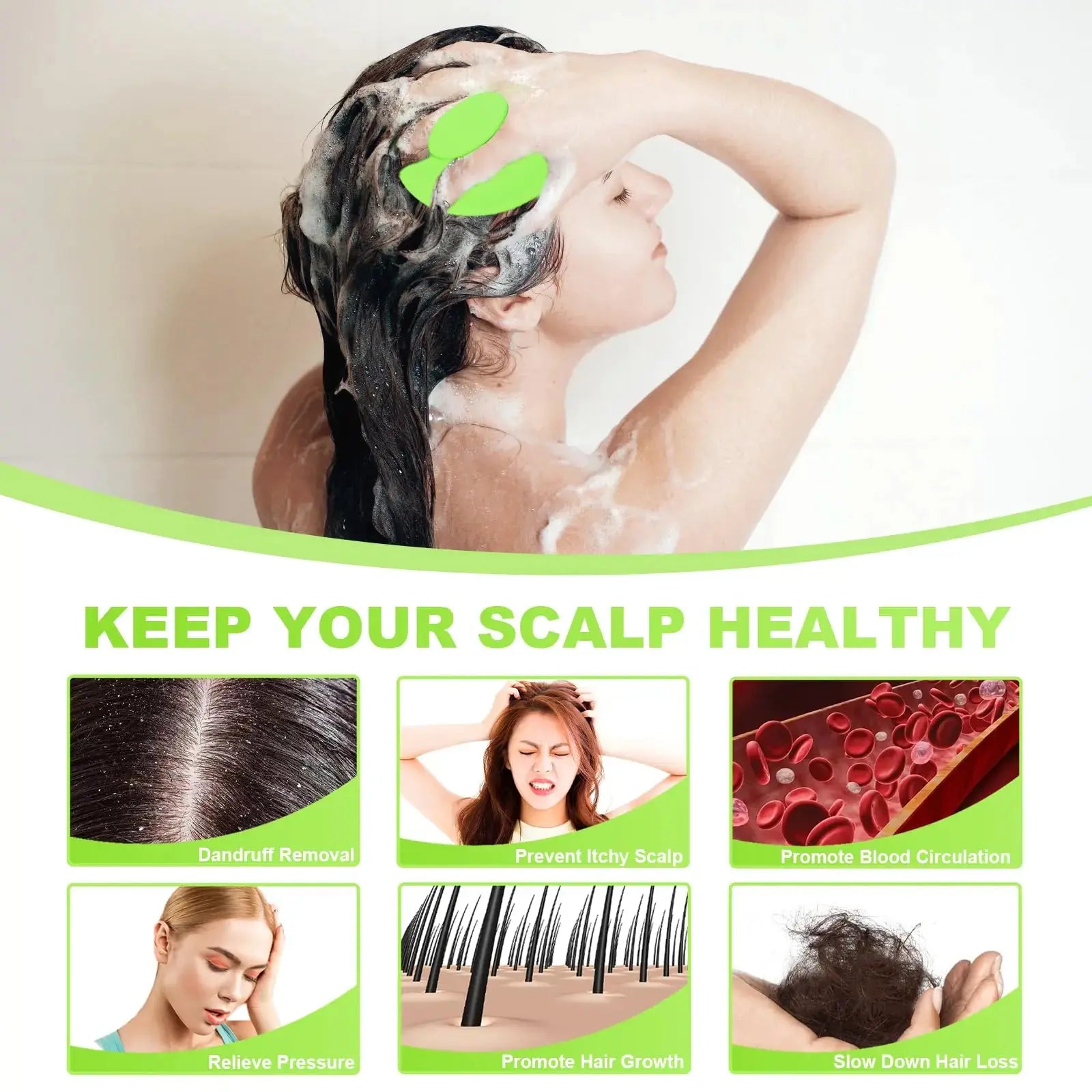 Silicone Scalp Massager Shampoo Brush, Scalp Brush for Hair Growth & Dandruff Removal, Hair Scrubber Scalp Stimulator Exfoliator Brush with Soft Bristles for Wet Dry Scalp Care (Green) Green - Vivareflex Online