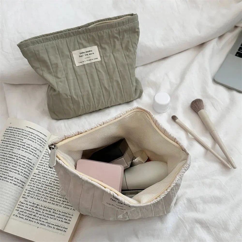 Simple Solid Color Striped Makeup Bag Women's Cosmetic Bag Makeup Case Female Travel Storage Bags Girls Clutch Purse Handbags Ultimate Bag Store