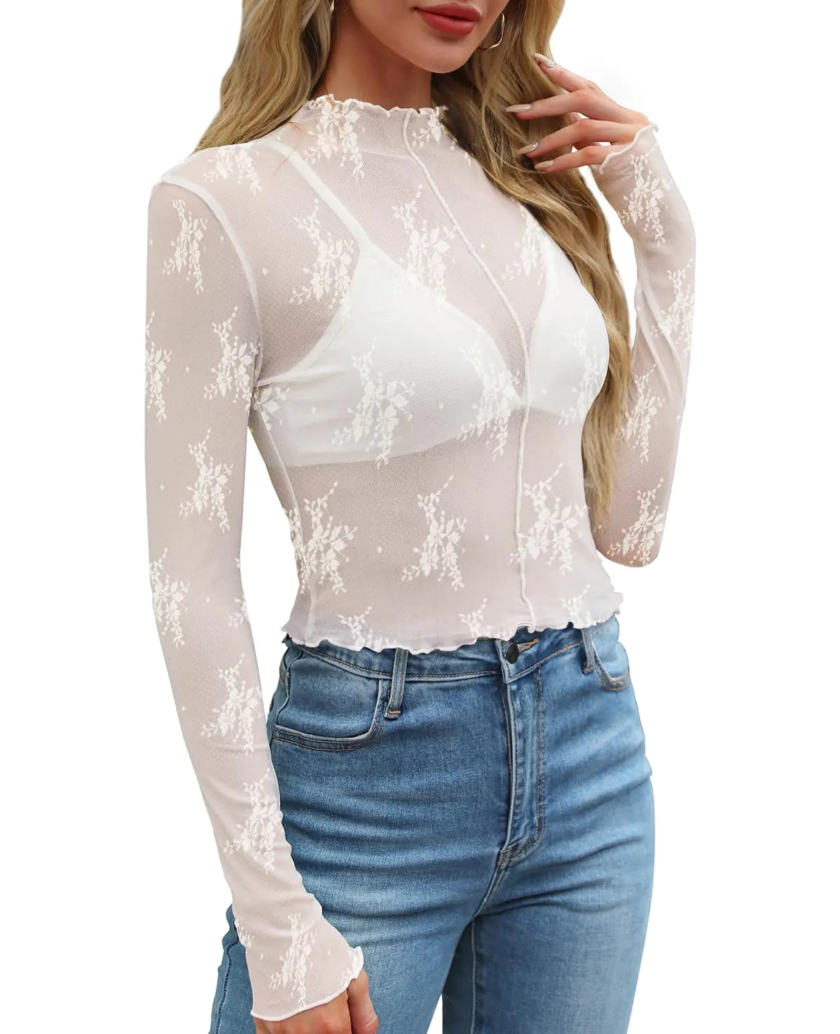 WIHOLL Femmes Mesh Sheer Tops Sexy Ras Du Cou Été Ample Coupe Fête Clubwear Chemises Grande A-1blanc Dentelle