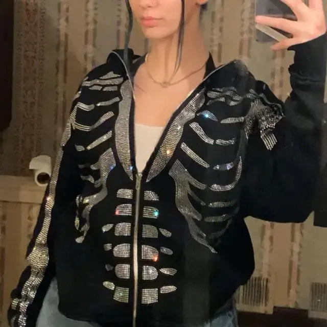 Skeleton Rhinestones Off White Full Zip Hoodie Men/Women Tops Vivareflex Online