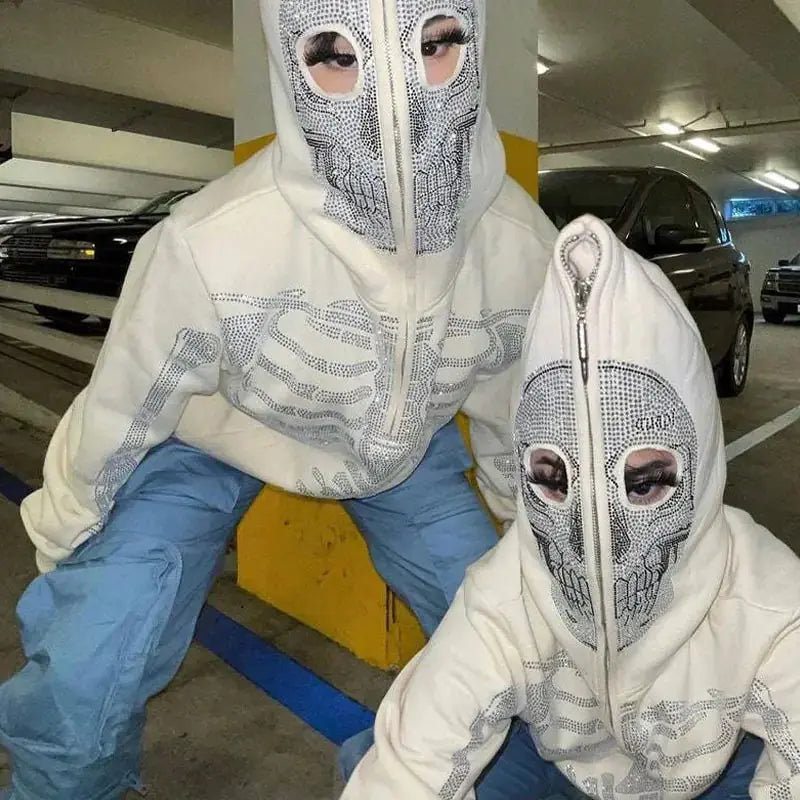Skeleton Rhinestones Off White Full Zip Hoodie Men/Women Tops Vivareflex Online