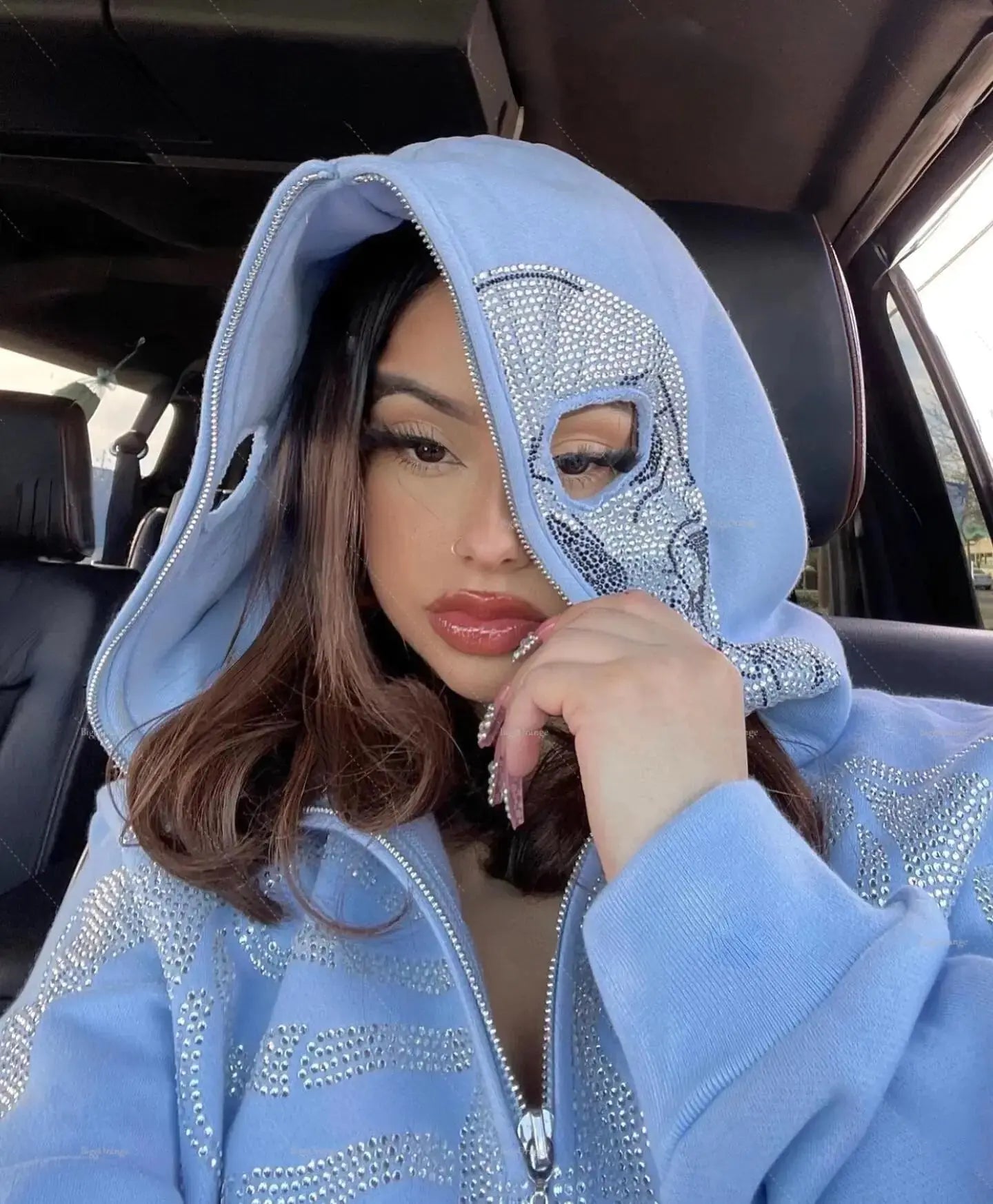 Skeleton Rhinestones Off White Full Zip Hoodie Men/Women Tops Vivareflex Online
