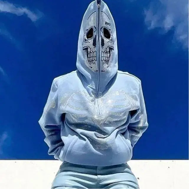 Skeleton Rhinestones Off White Full Zip Hoodie Men/Women Tops Vivareflex Online
