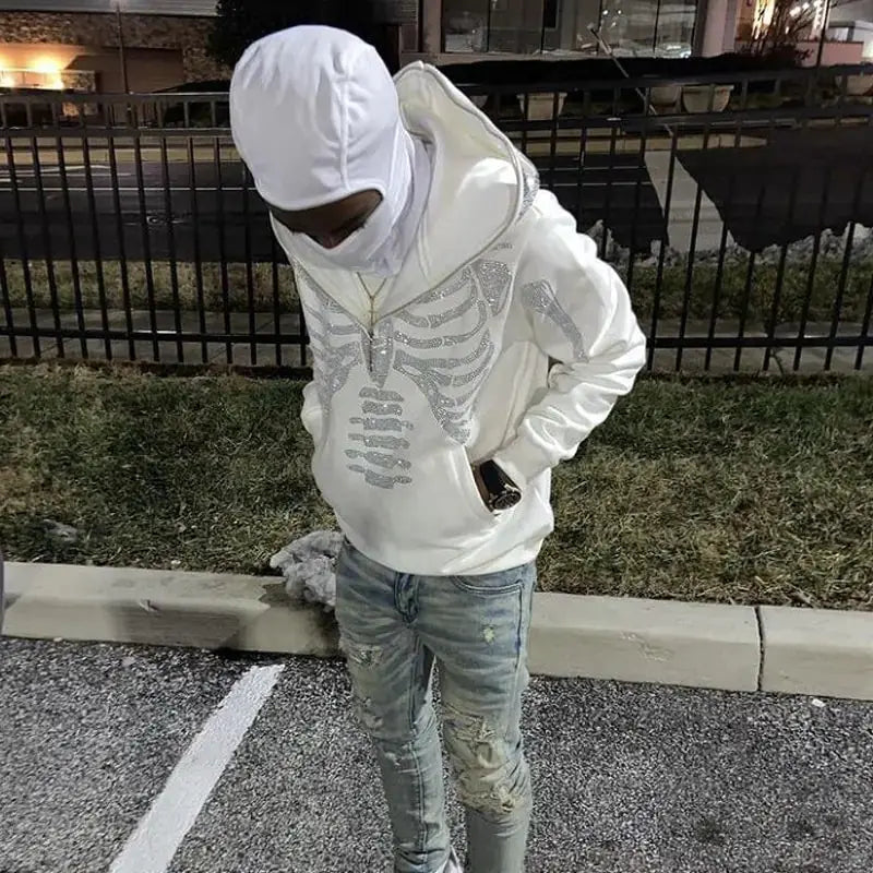 Skeleton Rhinestones Off White Full Zip Hoodie Men/Women Tops Vivareflex Online