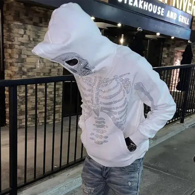 Skeleton Rhinestones Off White Full Zip Hoodie Men/Women Tops Vivareflex Online