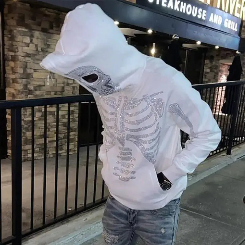 Skeleton Rhinestones Off White Full Zip Hoodie Men/Women Tops Vivareflex Online