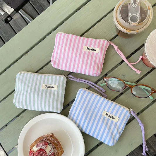 Small Cosmetic Make Up Bag Mini Canvas Striped Organizer Bags for Women Lipstick Makeup Case Children Cute Purse Coin Pouch Case Ultimate Bag Store