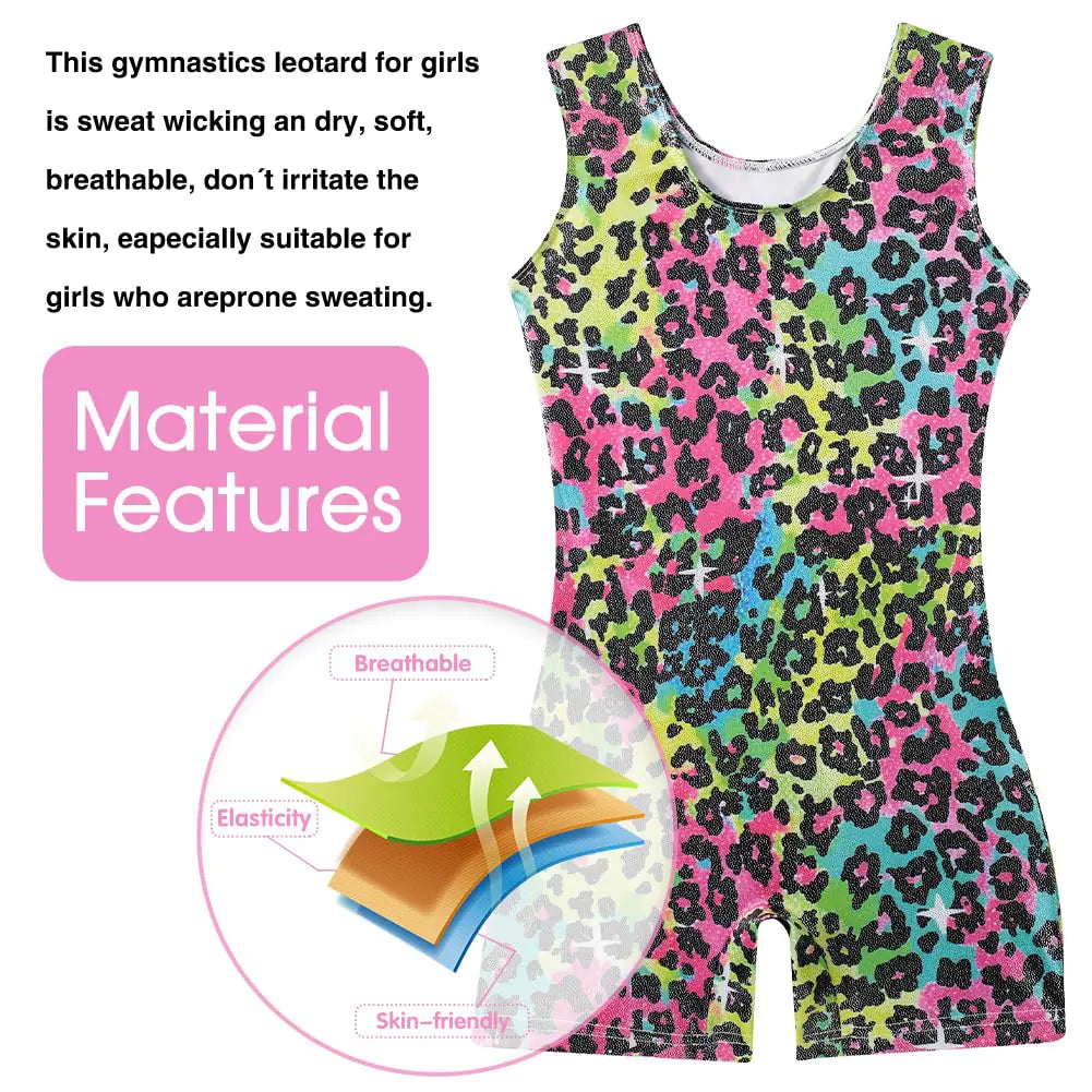 uideazone Gymnastics Leotard for Girls Biketards Sparkly Tank Ballet Unitard with Shorts Quick Dry One-Piece Outfits 2-9Years Colorful Leopard 55 7-8 Years