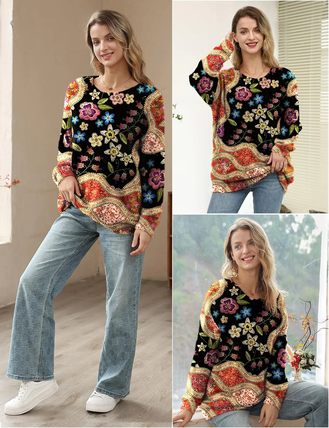 YESNO Suéter navideño feo para mujer, suéteres holgados de gran tamaño con estampado gráfico, tops de punto casuales, talla S01, talla XX-Large, floral, 174 