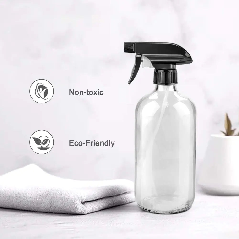 16oz Clear Glass Spray Bottles with Labels & Adjustable Nozzle – Reusable Cleaning Containers