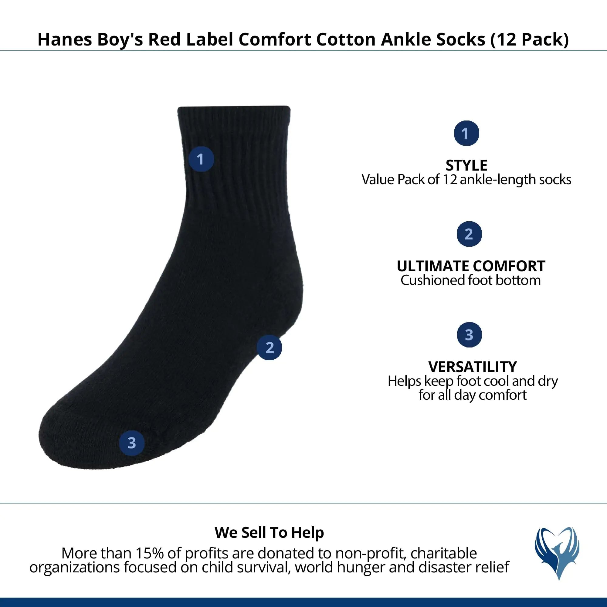 Hanes Boys' Socks, Double Tough Cushioned Ankle and No Show, 12-Pair Packs Large No Show - Black - 12 Pack - Vivareflex Online