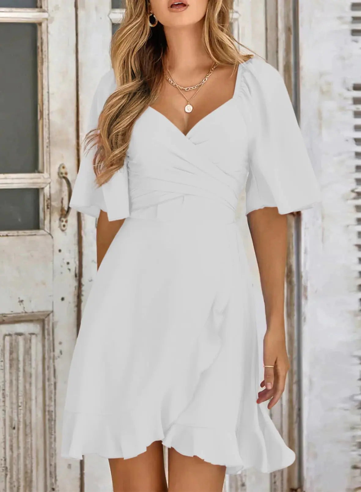 Dokotoo Women's Wrap V Neck Short Flared Sleeve Wedding Guest Dress - Vivareflex Online