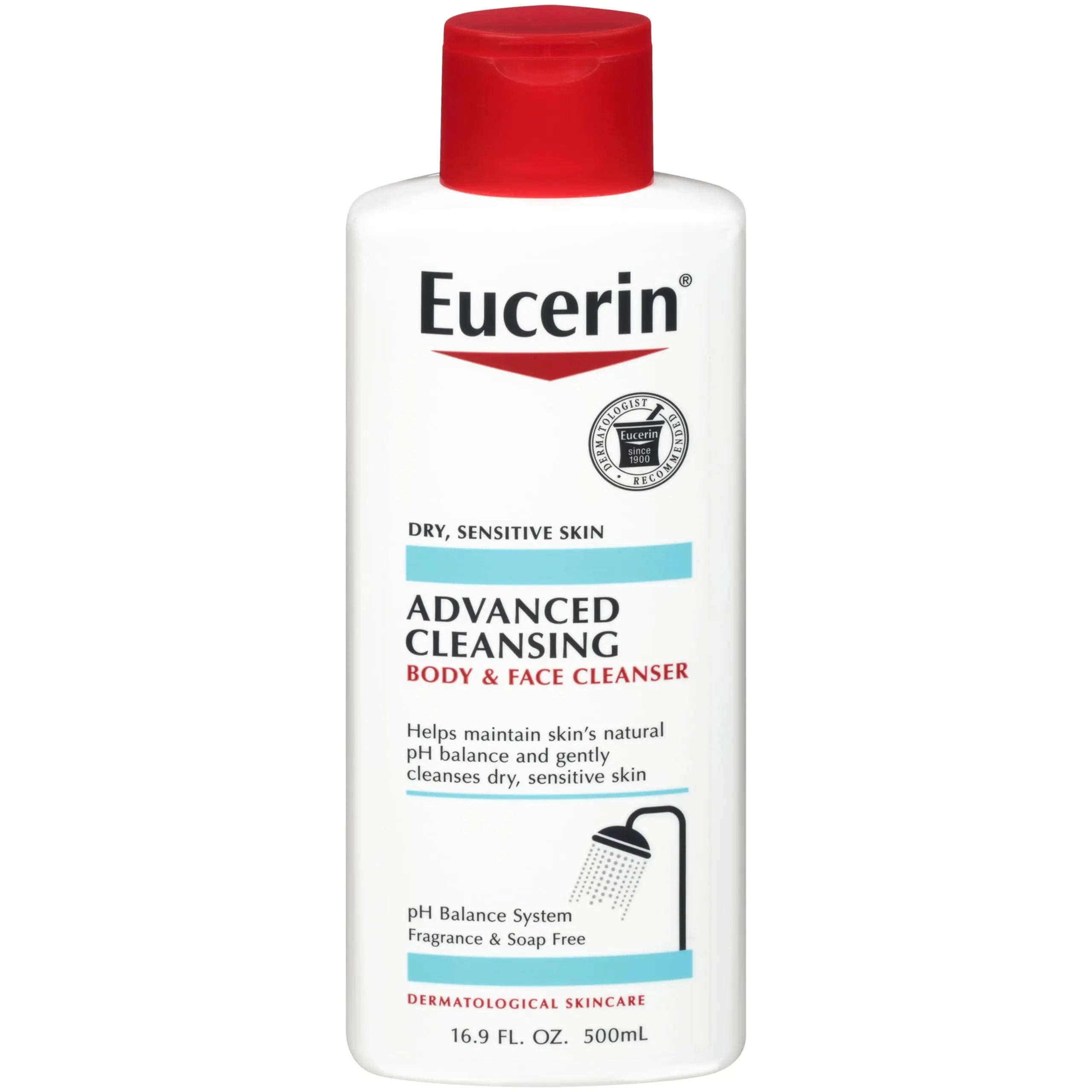 Eucerin Advanced Cleansing Body and Face Cleanser, gel de baño suave para rostro y cuerpo con pH equilibrado para pieles normales a secas y sensibles, sin jabón, fragancias, colorantes ni parabenos, botella de 16,9 onzas líquidas 