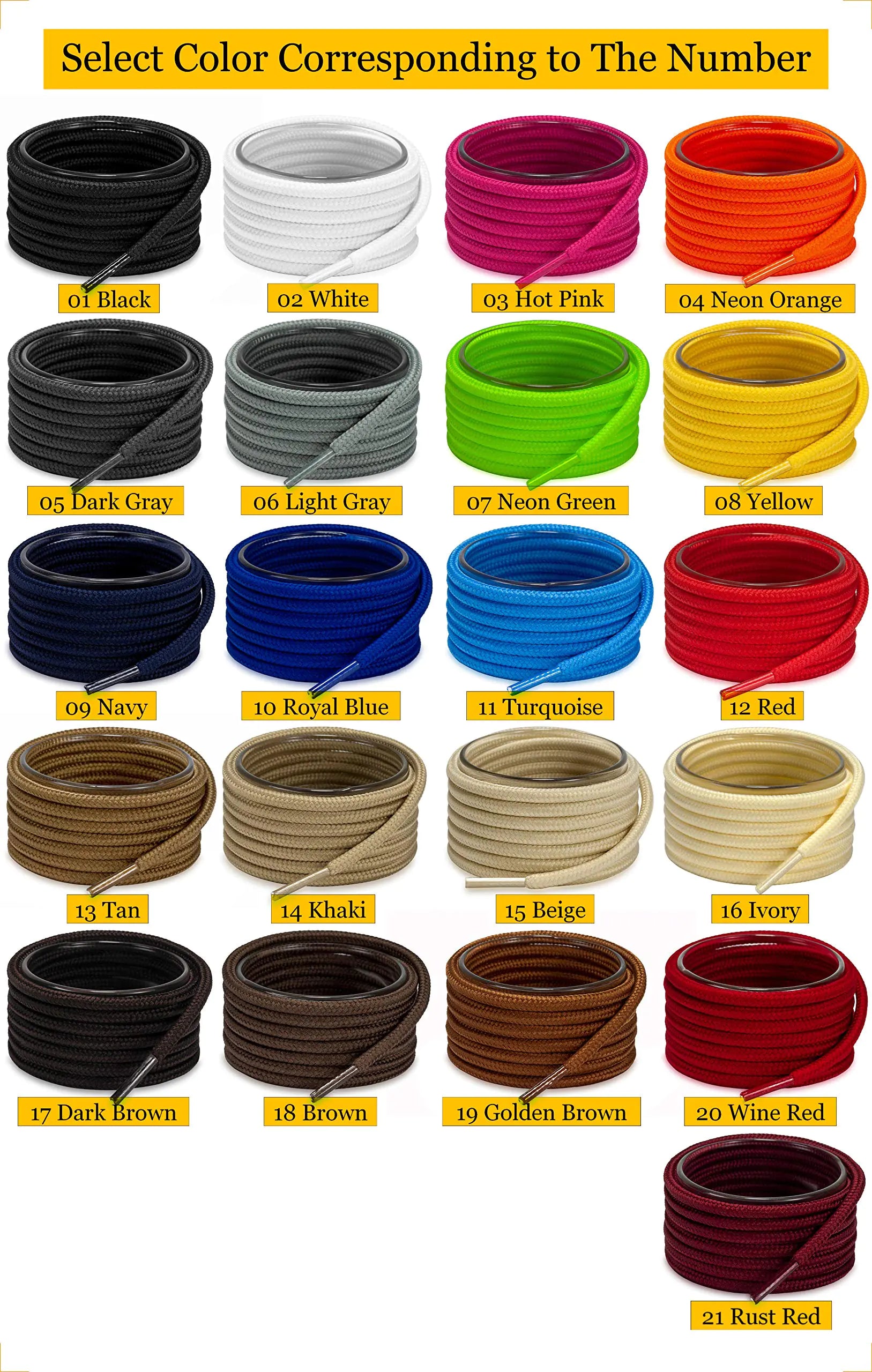 Shoemate Solid Color Round Shoe Laces for Sneakers, Boots and Athletic Shoes, Shoe Strings 24