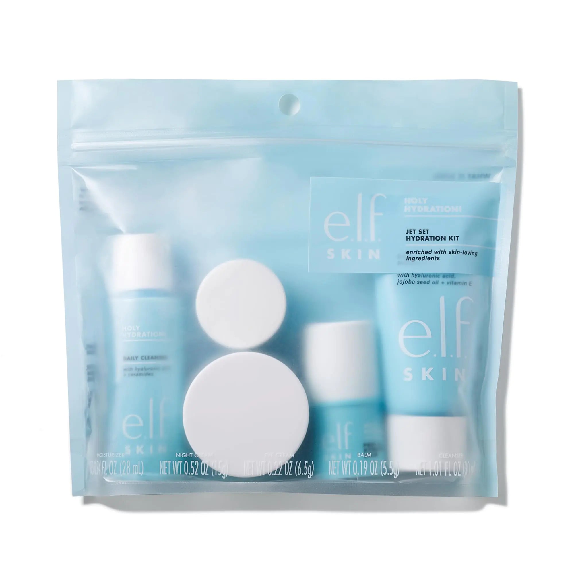 Kit de hidratación Jet Set de Elf, kit de cuidado de la piel hidratante apto para viajes, limpiador facial, bálsamo, humectante, crema para ojos y crema de noche, vegano y libre de crueldad animal 