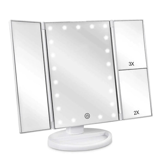 Tri-Fold Lighted Vanity Mirror with LED Lights & Magnification – Perfect for Travel & Home - Vivareflex Online