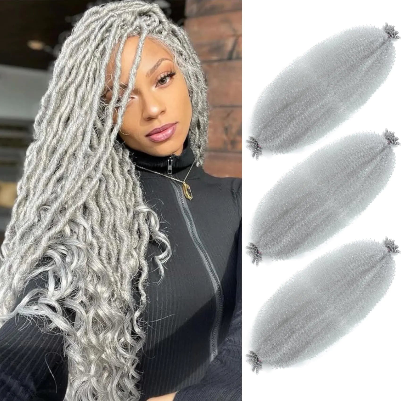 Extensiones de cabello afro trenzado elástico de 24 pulgadas, paquete de 3, cabello afro trenzado preesponjado, preseparado, para rastas suaves (24 pulgadas (paquete de 3), gris n.º) 24 pulgadas (paquete de 3), gris n.º 