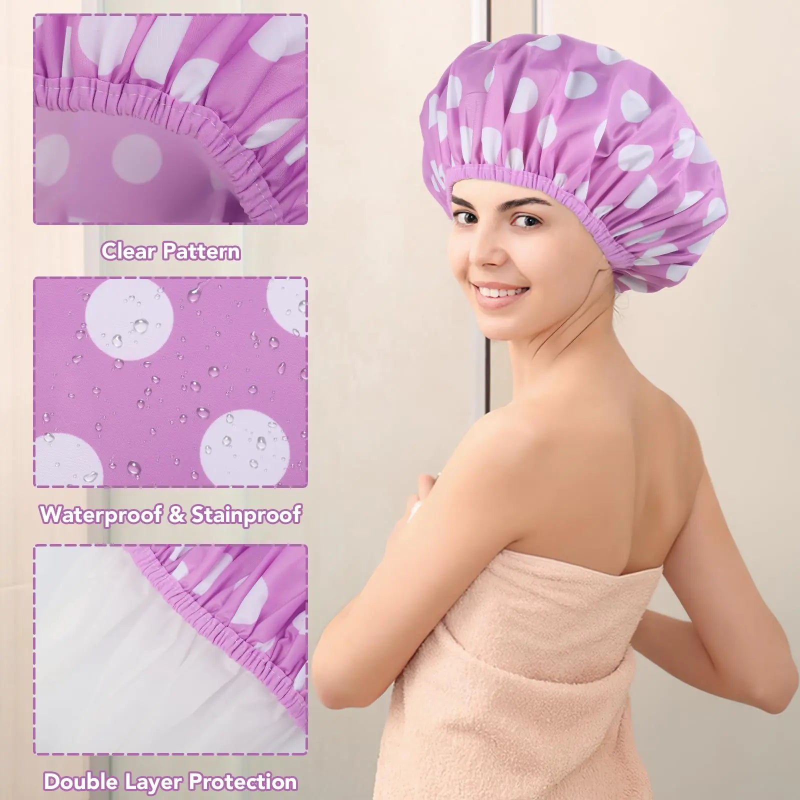 Lot de 2 grands bonnets de douche pour femmes, bonnets de bain imperméables réutilisables avec chouchous pour cheveux longs et épais (violet/orange) violet, orange