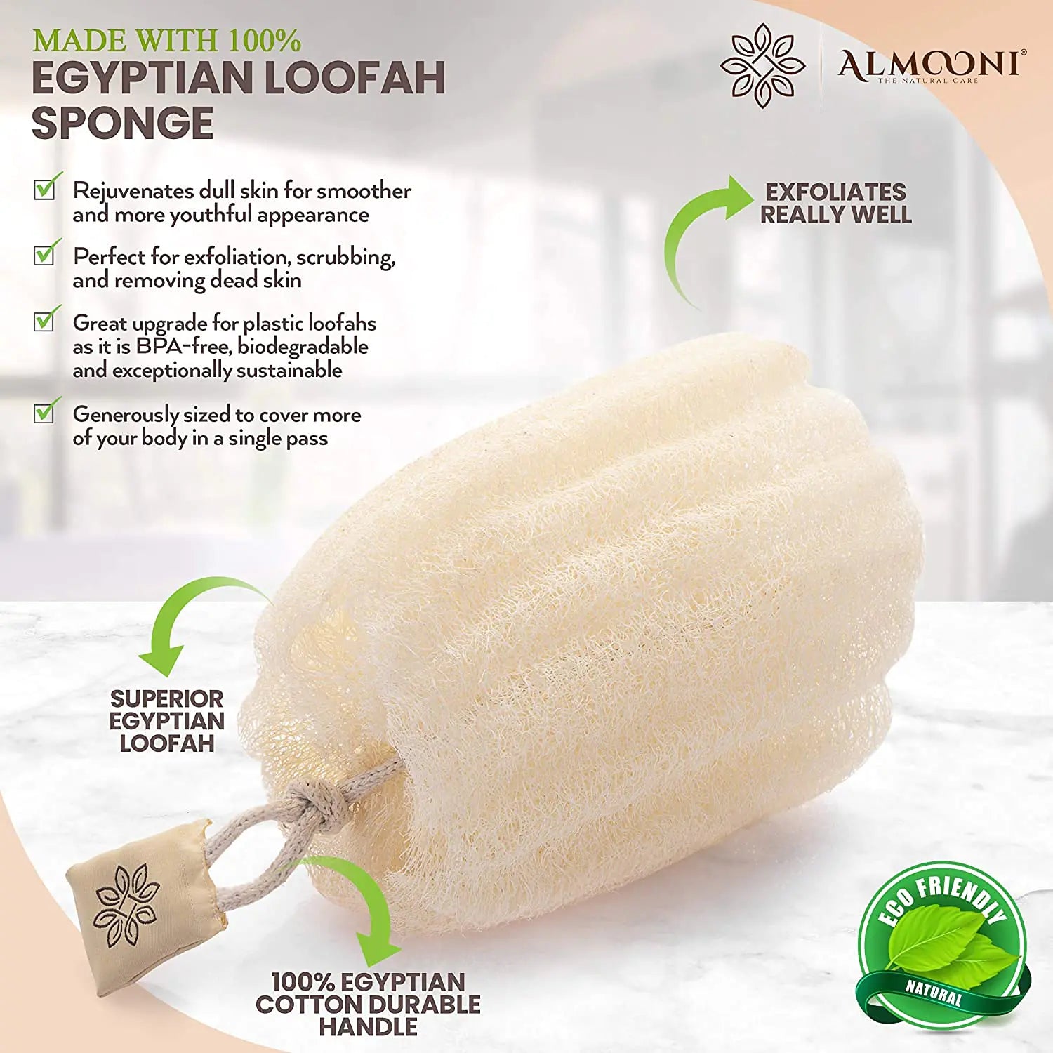 Almooni Egyptian Loofah Exfoliating Body Scrubber, Natural Real Egyptian Shower Loofah Sponge Body Scrubber for Women and Men, for Body and Face That Will Get You Clean - 2 Count (1 Pack) 2 Count (Pack of 1)