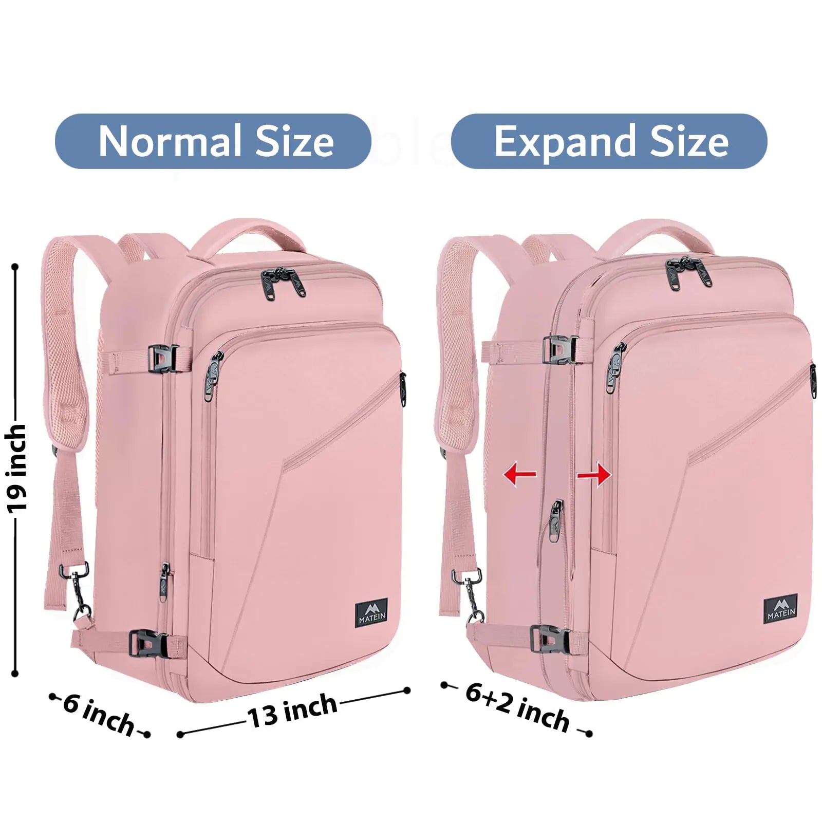 Mochila de viaje rosa MATEIN para mujer: mochila de fin de semana convertible de 35 l, expandible y aprobada por aerolíneas