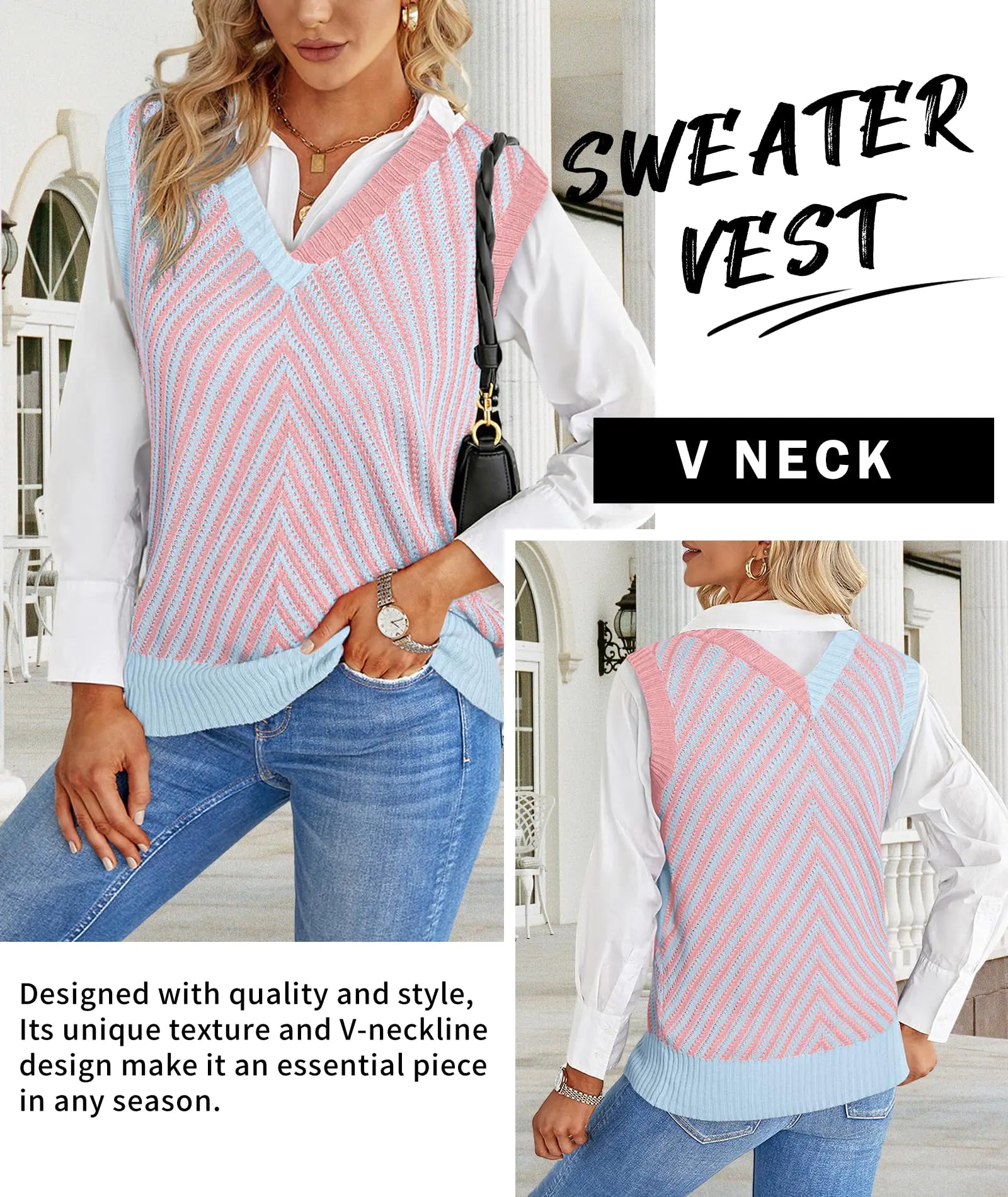 MARZXIN Womens Sleeveless Sweater V Neck Casual Strawberry Pink Contrast Chevron Knit V Neck Sweater Vest - Vivareflex Online