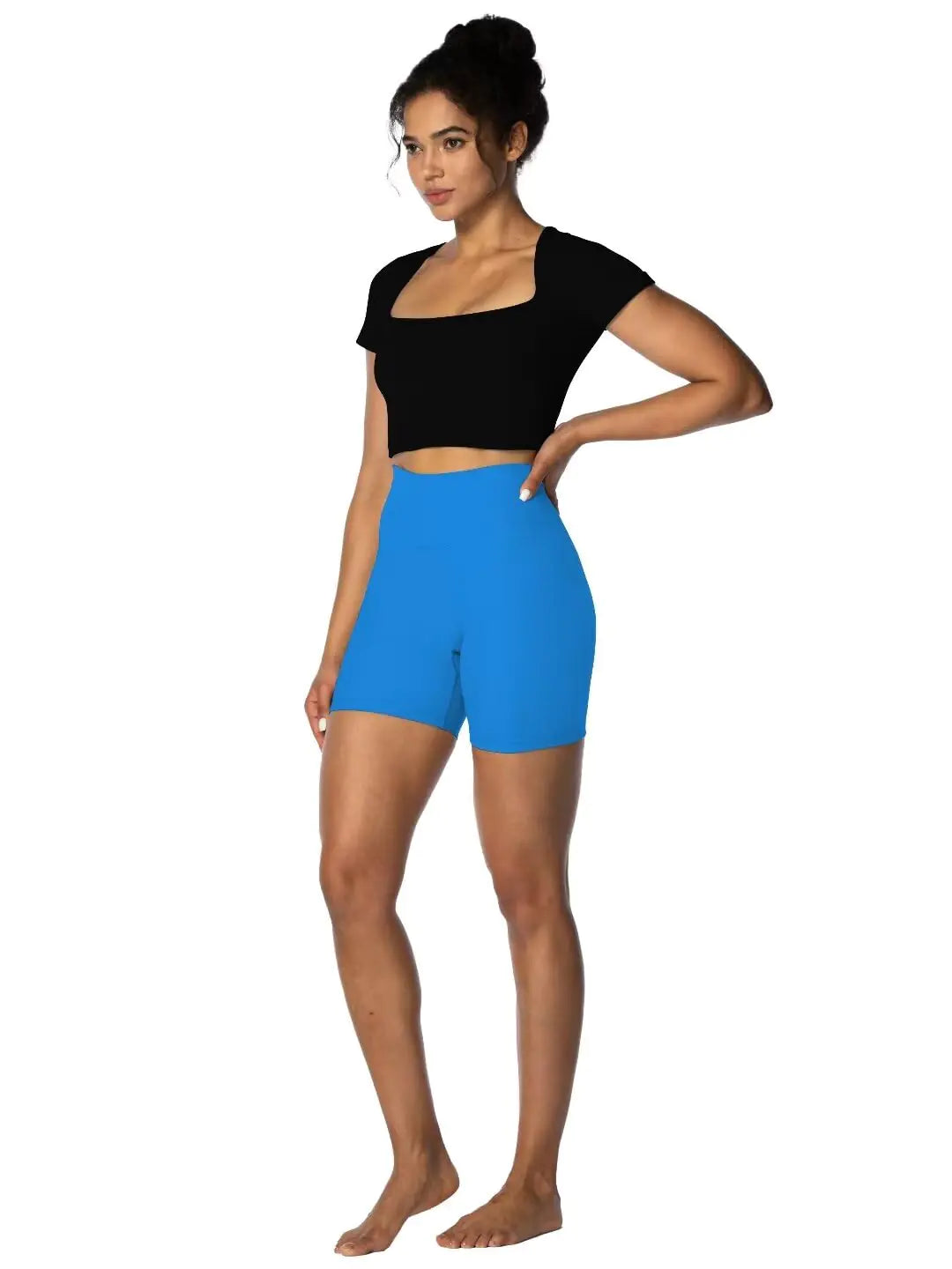 Sunzel Short taille haute pour femme avec effet froissé et fessier caché, short de motard, short de sport, de yoga, de course à pied, avec contrôle du ventre, entrejambe de 15,2 cm, taille XS, bleu classique