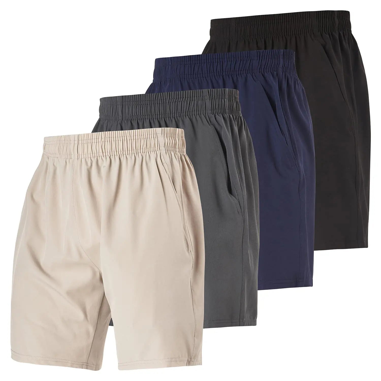 Pantalones cortos de entrenamiento para hombre de ultra rendimiento, paquete de 4, informales, para correr, de 7 pulgadas de entrepierna, color negro, azul marino, gris y caqui 