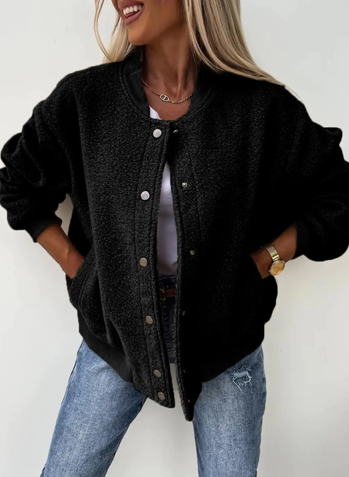 SHEWIN Chaqueta bomber para mujer, informal, con cuello alto, con botones, abrigo de polar holgado, ropa de abrigo con bolsillos, color negro pequeño 