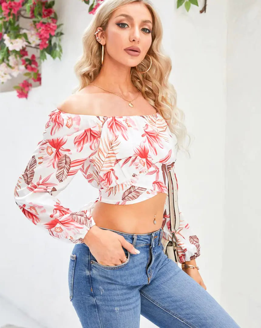 MIRACMODA Woman Off Shoulder Ruched Tie Back Crop Top Summer Lantern Sleeve Boho Shirt Blouse Large Leaves - Vivareflex Online