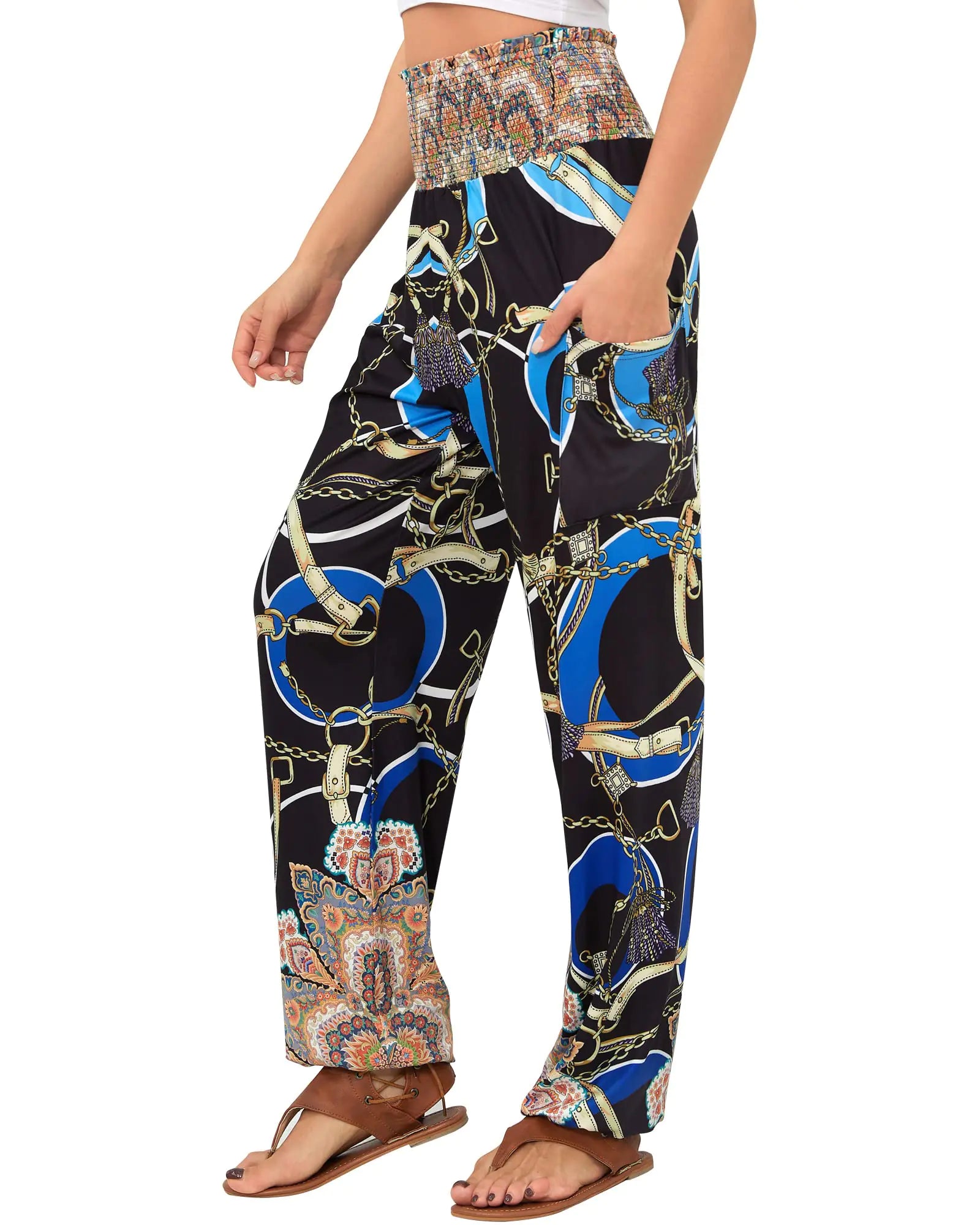 Pantalones harén para mujer QIANXIZHAN, pantalones bohemios de yoga de cintura alta con bolsillos y cadena grande azul 