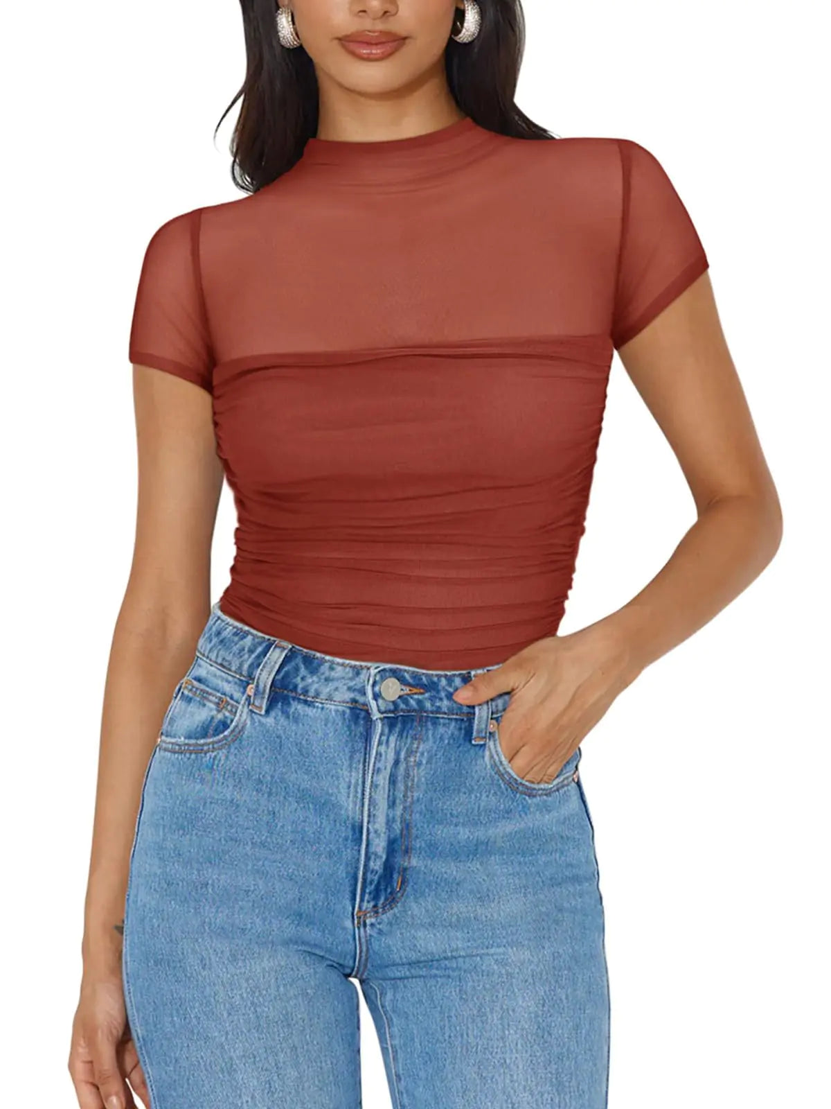 REORIA Women's Sexy Mock Turtle Neck Short Sleeve Bodysuit - Sheer Mesh Ruched Trendy Top in Rusty Red - Vivareflex Online