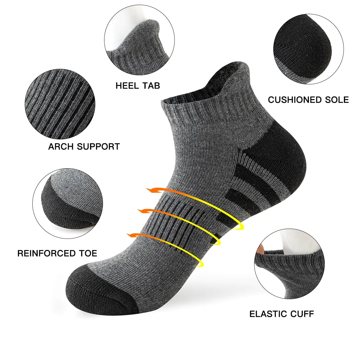 JOYNÉE Lot de 10 paires de chaussettes de course athlétiques pour hommes, lot de 10 paires de chaussettes d'entraînement respirantes à coupe basse, taille de chaussette : 10-13, taille unique, gris (10 paires)