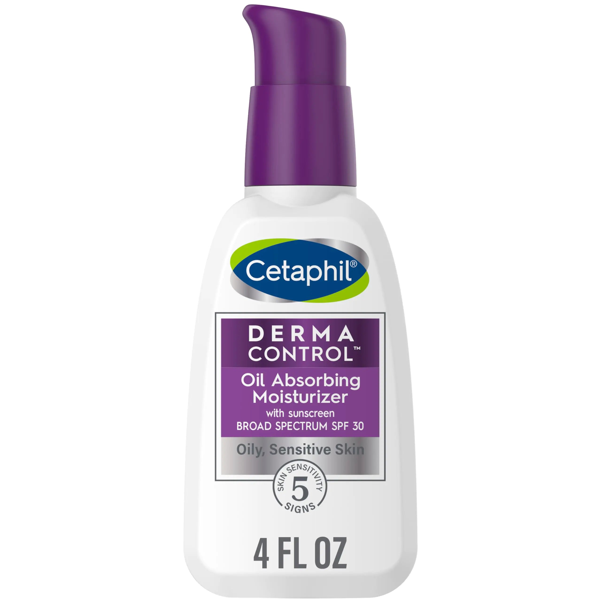 CETAPHIL DERMACONTROL Humectante absorbente de aceite con FPS 30, para pieles sensibles y grasas, 4 fl oz, absorbe la grasa, reduce el brillo, hidrata, protege, sin fragancia agregada, sin perfume, 4 fl oz (paquete de 1) 