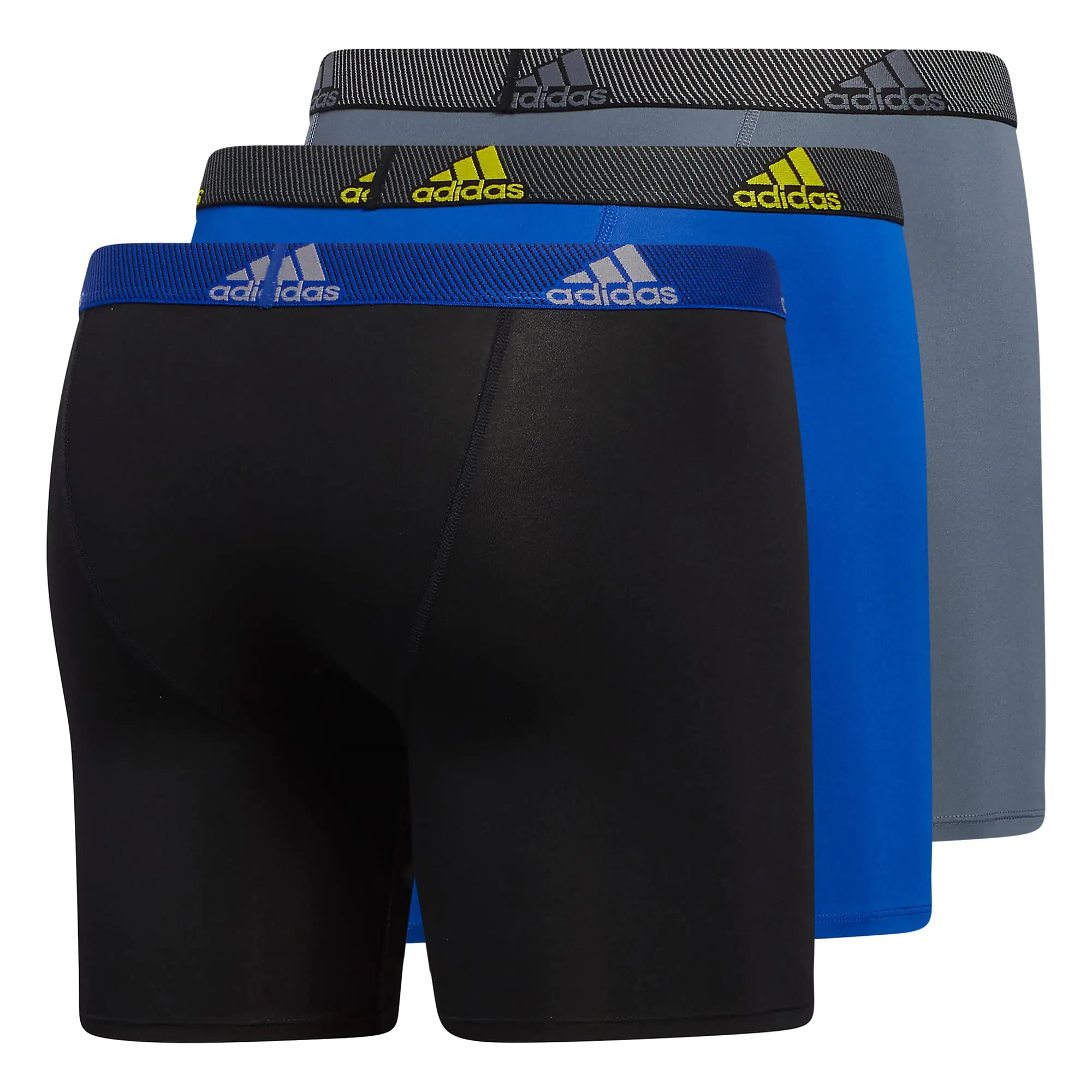 Calzoncillos tipo bóxer de microfibra de ajuste atlético para hombre de adidas (paquete de 3) en negro mediano, azul real y amarillo impacto 