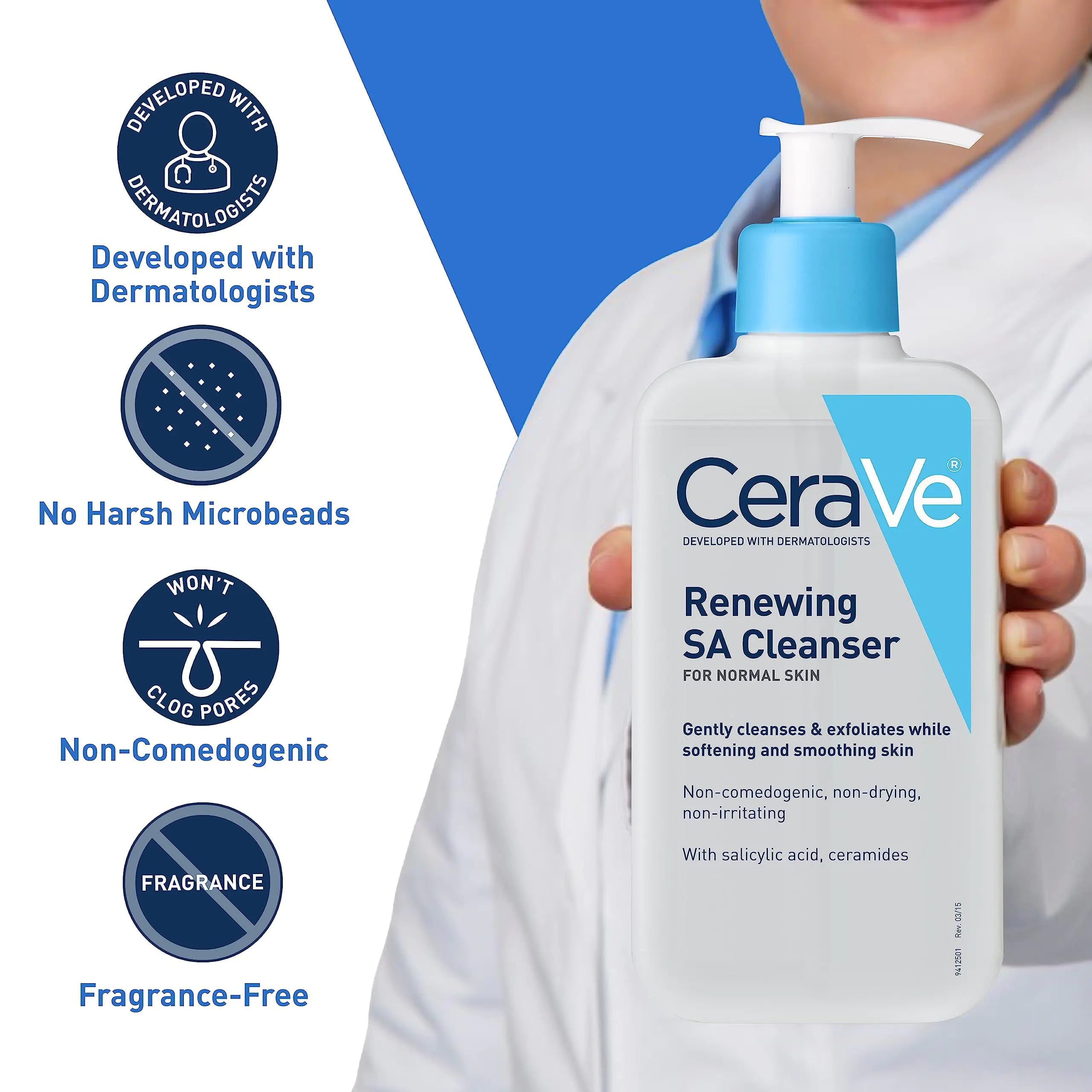 Limpiador CeraVe SA | Limpiador con ácido salicílico, ácido hialurónico, niacinamida y ceramidas | Exfoliante BHA para el rostro | Sin fragancia, no comedogénico | 16 onzas (paquete de 1) 