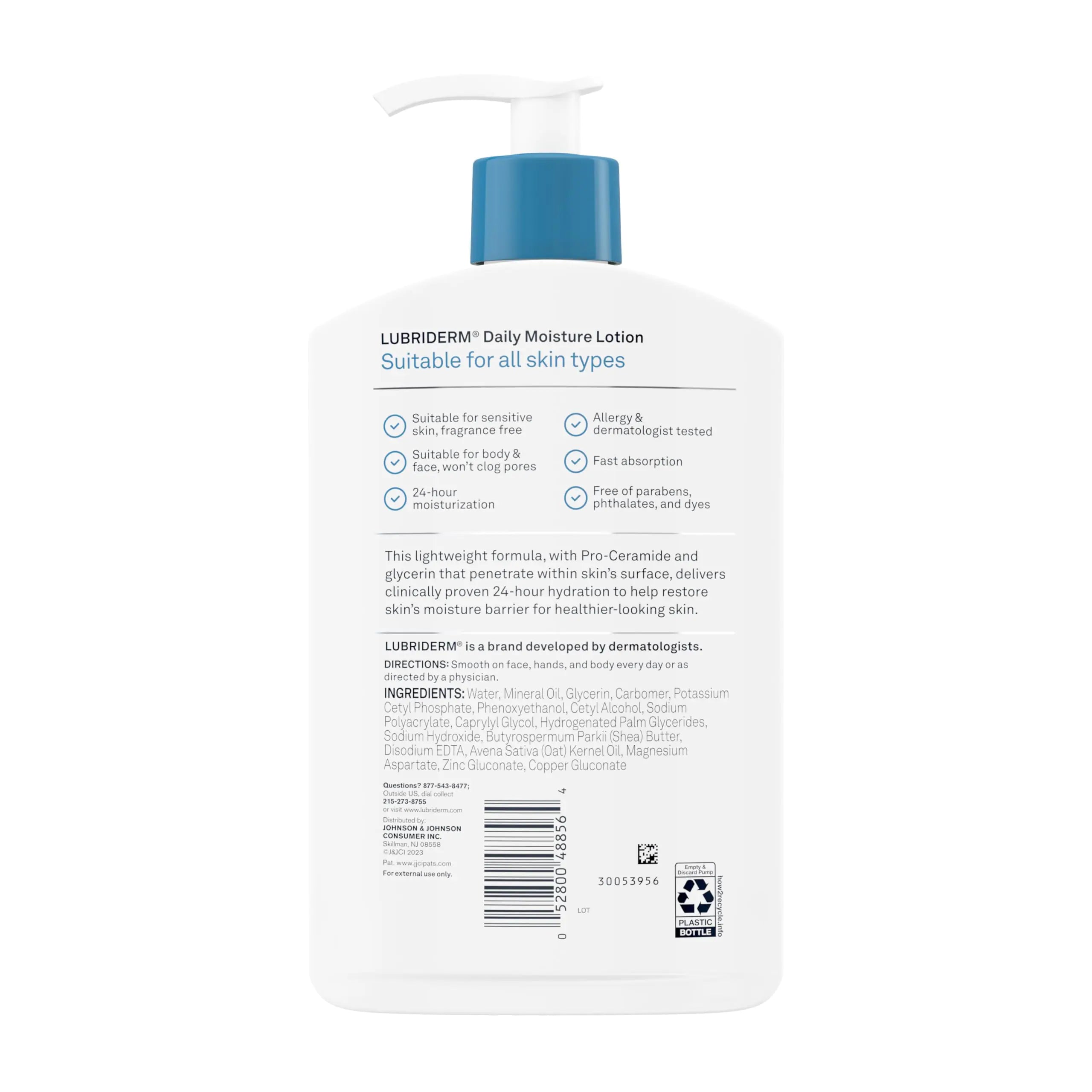 Loción hidratante diaria sin fragancia Lubriderm + Pro-ceramida, manteca de karité y glicerina, loción para rostro, manos y cuerpo para pieles sensibles, loción hidratante para una piel de aspecto más saludable, 16 fl. oz 