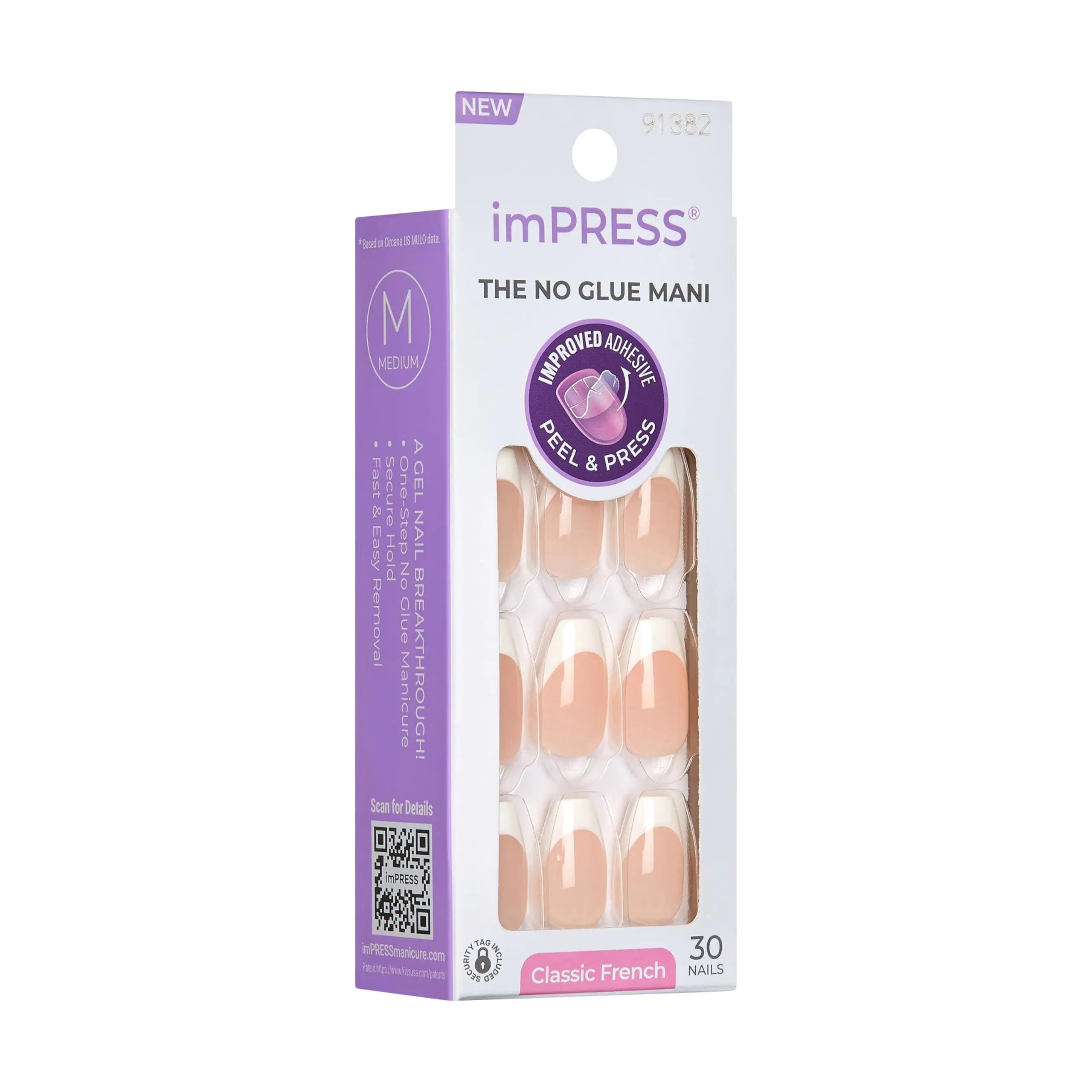 KISS imPRESS No Glue Mani Press-On Nails, French, 'Ideal', Light Neutral + White Tip French, Medium Size, Coffin Shape, Includes 30 Nails, Prep Pad, Instructions Sheet, 1 Manicure Stick, 1 Mini File Ideal