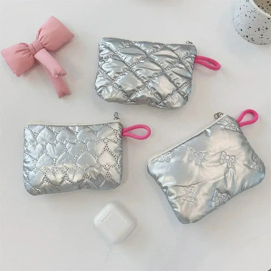 Waterproof Silver Love Bow Pattern Cute Coin Purse Small Clutch Coin Wallet Lady Girls Earphone Coin Key Money Storage Bag Pouch Ultimate Bag Store