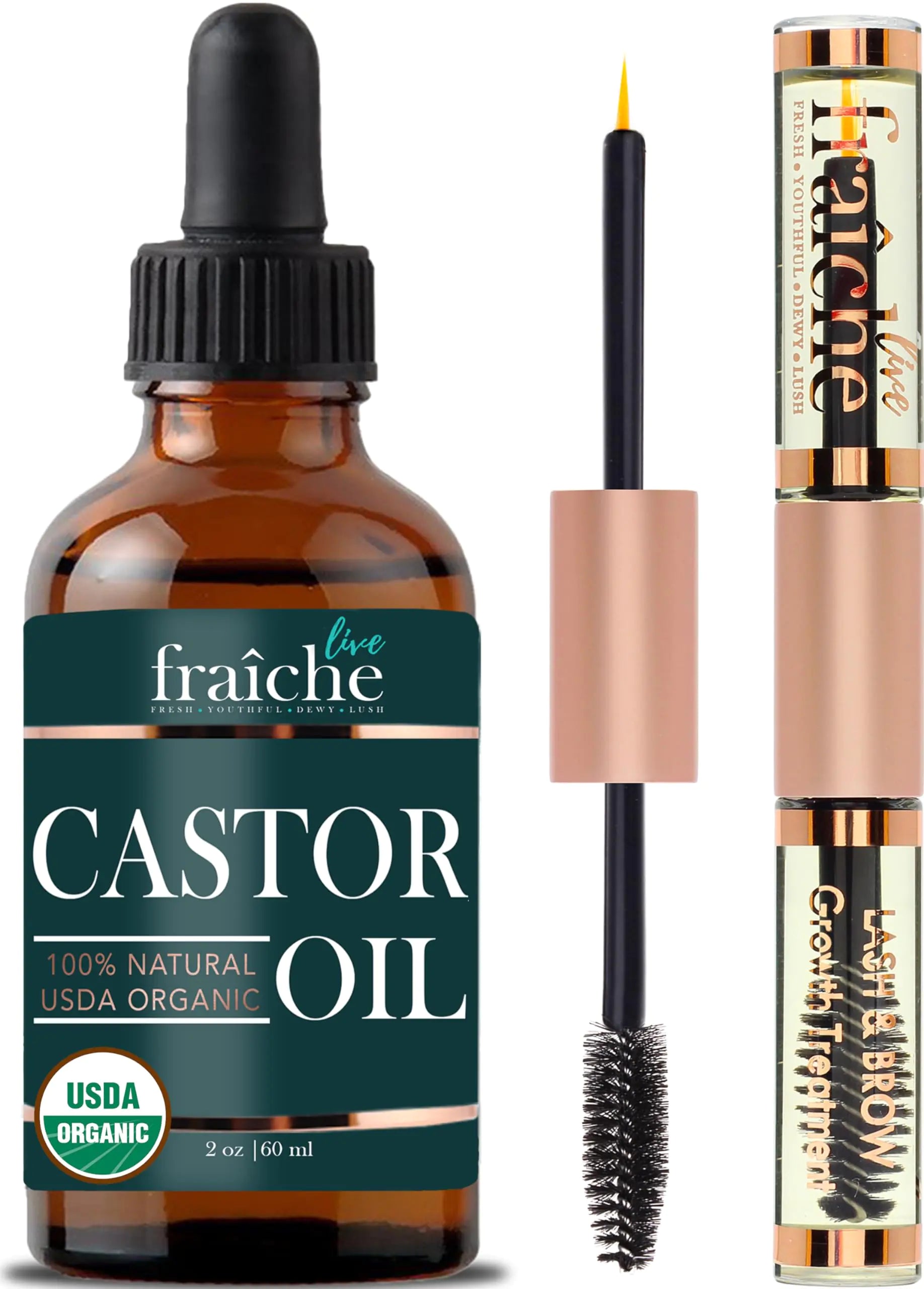 Organic Castor Oil for Face (2oz) + FREE Filled Mascara Tube USDA Cert, 100% Pure, Cold Pressed, Hexane Free by Live Fraiche. Hair Growth Oil for Eyelashes, Eyebrows, Lash Growth Serum. Brow Treatment 2 Fl Oz (Pack of 1)