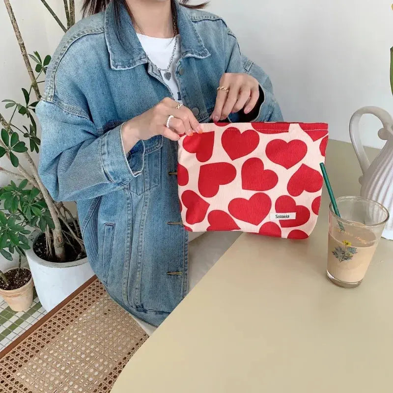Women Corduroy Large Makeup Bags Organizer Pouch Purse Fashion Red Heart Printed Cosmetic Bags Travel Toiletry Wash Bags Ultimate Bag Store