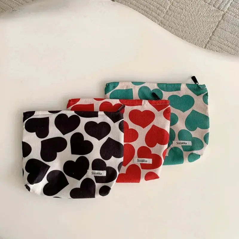 Women Corduroy Large Makeup Bags Organizer Pouch Purse Fashion Red Heart Printed Cosmetic Bags Travel Toiletry Wash Bags Ultimate Bag Store