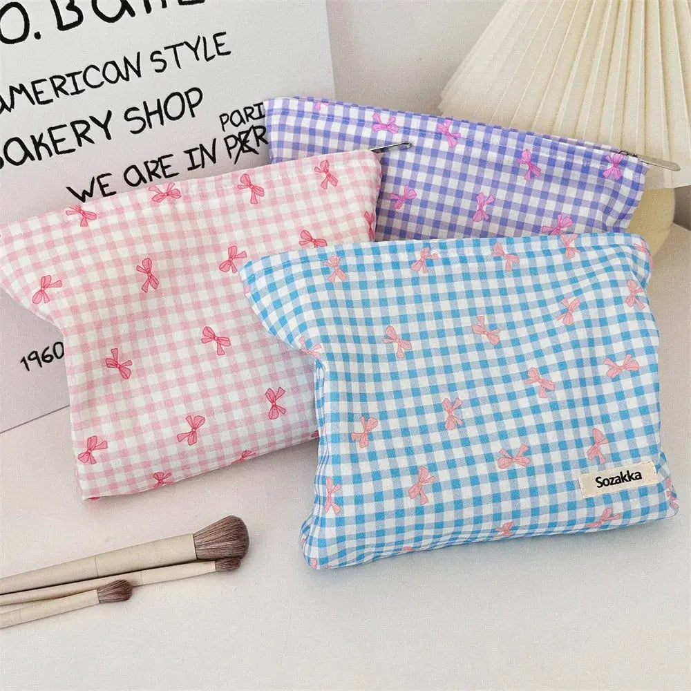 Women Makeup Pouch Plaid Bow Print Makeup Storage Bag Kawaii Makeup Bag Large Cosmetic Organizer Bag Clutch Handbag Beauty Case Ultimate Bag Store