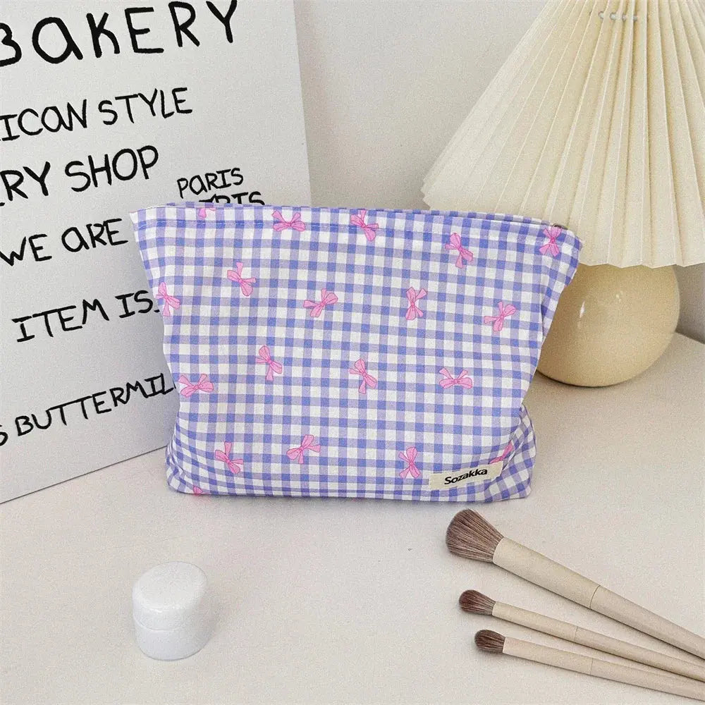 Women Makeup Pouch Plaid Bow Print Makeup Storage Bag Kawaii Makeup Bag Large Cosmetic Organizer Bag Clutch Handbag Beauty Case Ultimate Bag Store